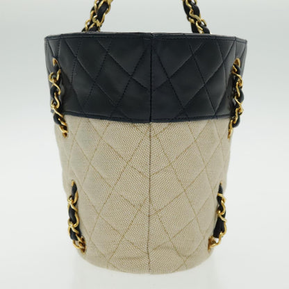 CHANEL Chain Tote Bag Canvas Lamb Skin Beige Black CC 93080