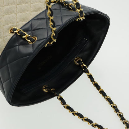 CHANEL Chain Tote Bag Canvas Lamb Skin Beige Black CC 93080