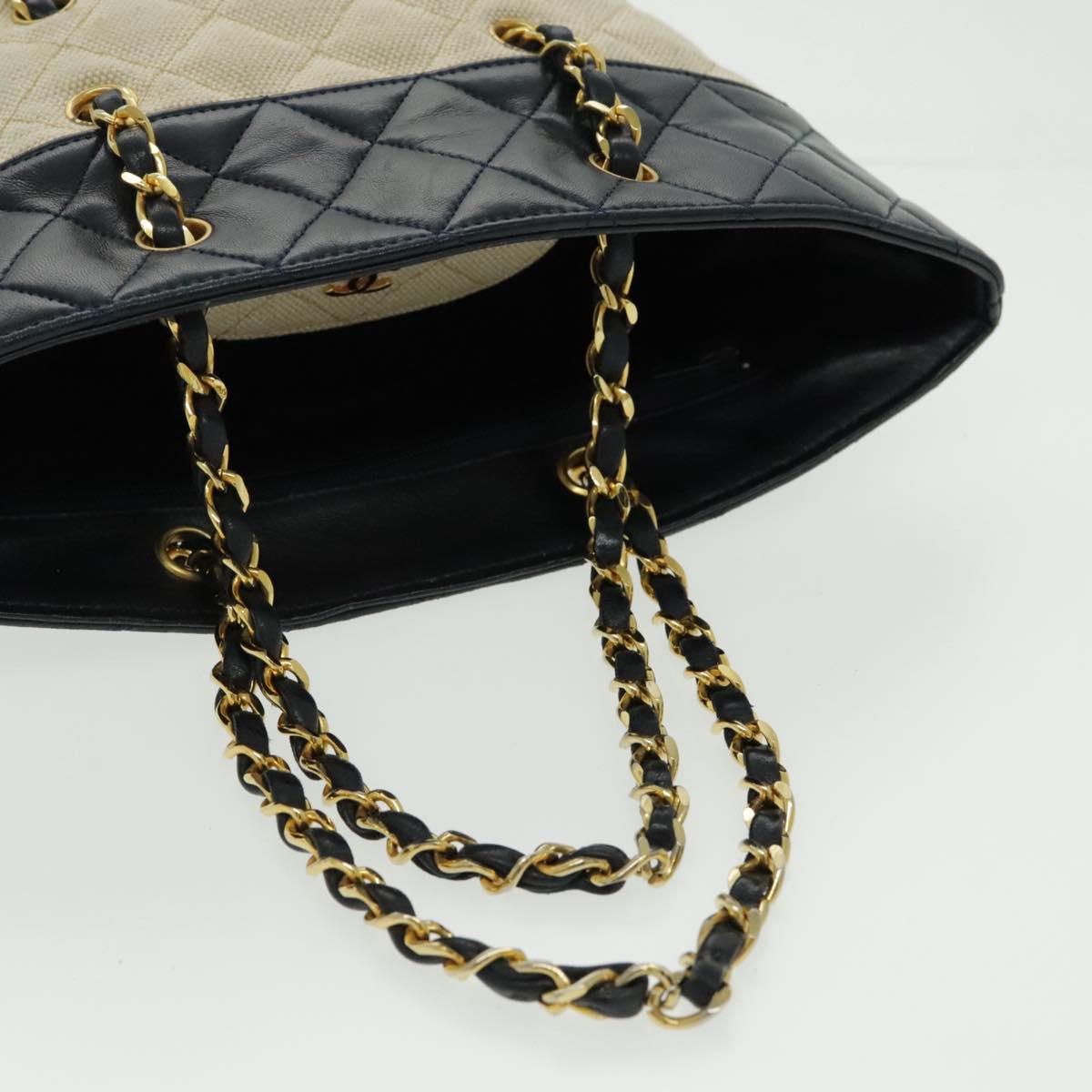 CHANEL Chain Tote Bag Canvas Lamb Skin Beige Black CC 93080