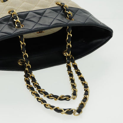 CHANEL Chain Tote Bag Canvas Lamb Skin Beige Black CC 93080