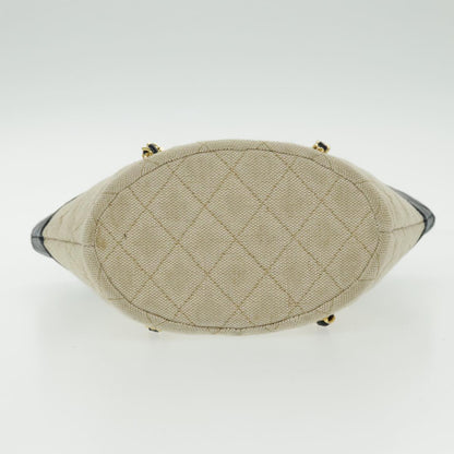 CHANEL Chain Tote Bag Canvas Lamb Skin Beige Black CC 93080