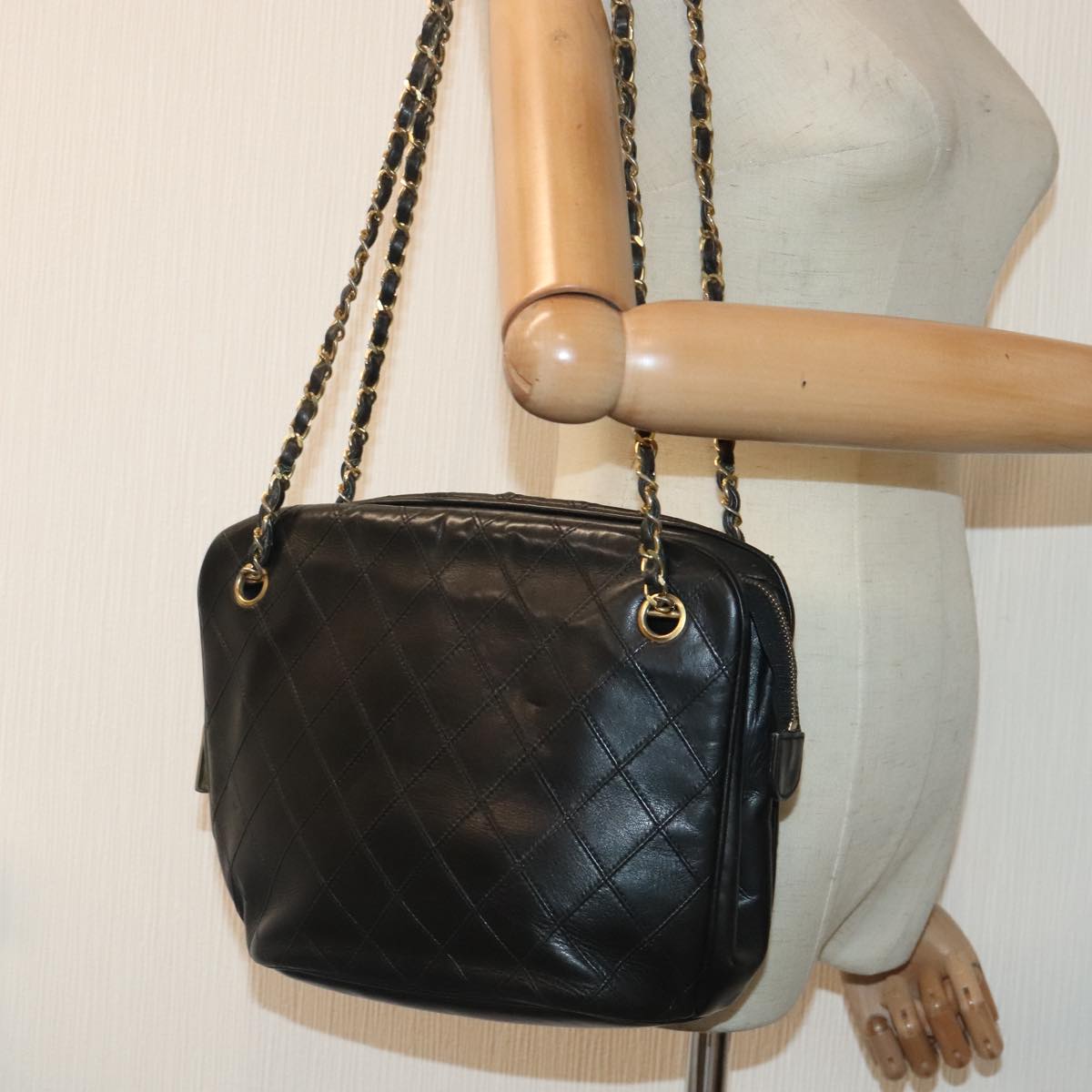 CHANEL Chain Tote Bag Lamb Skin Black Gold CC 93802
