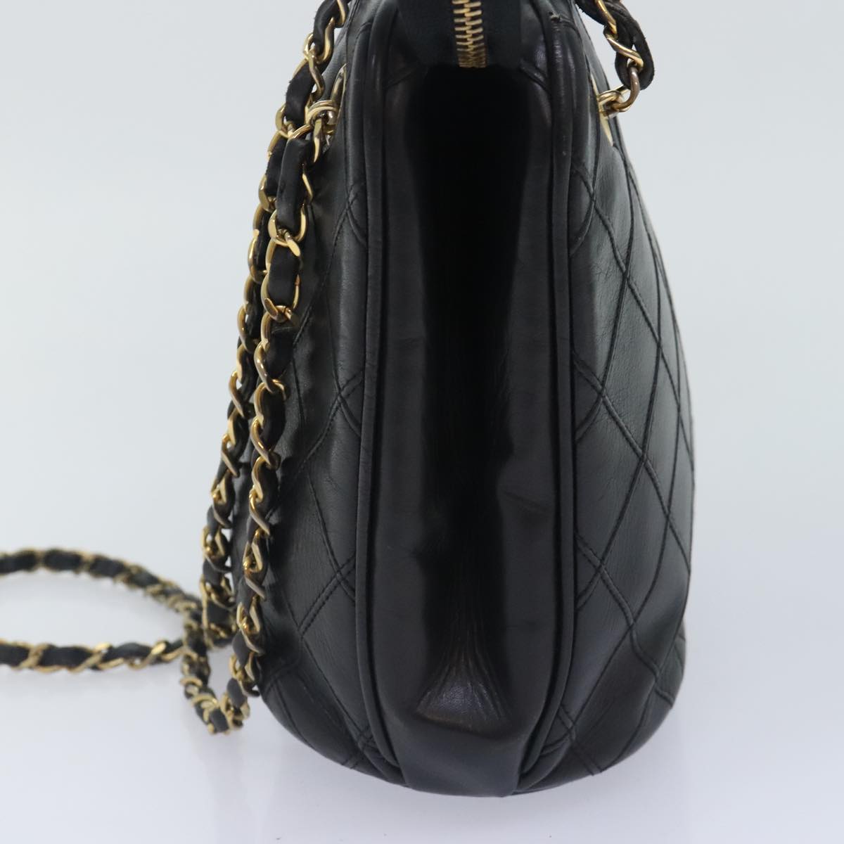 CHANEL Chain Tote Bag Lamb Skin Black Gold CC 93802
