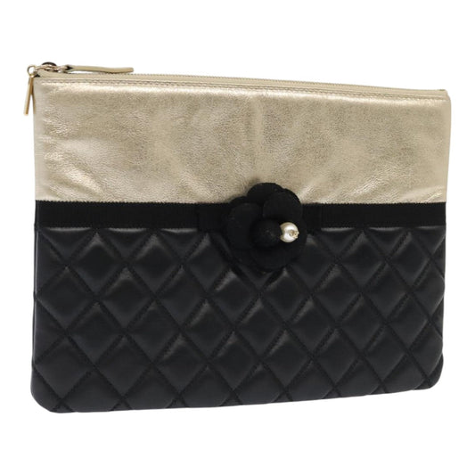CHANEL Clutch Bag Leather Black Gold CC 93804A