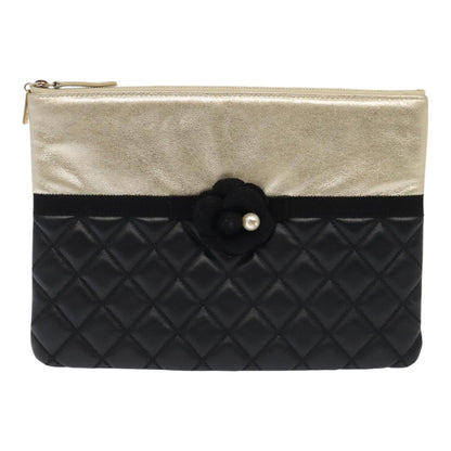 CHANEL Clutch Bag Leather Black Gold CC 93804A