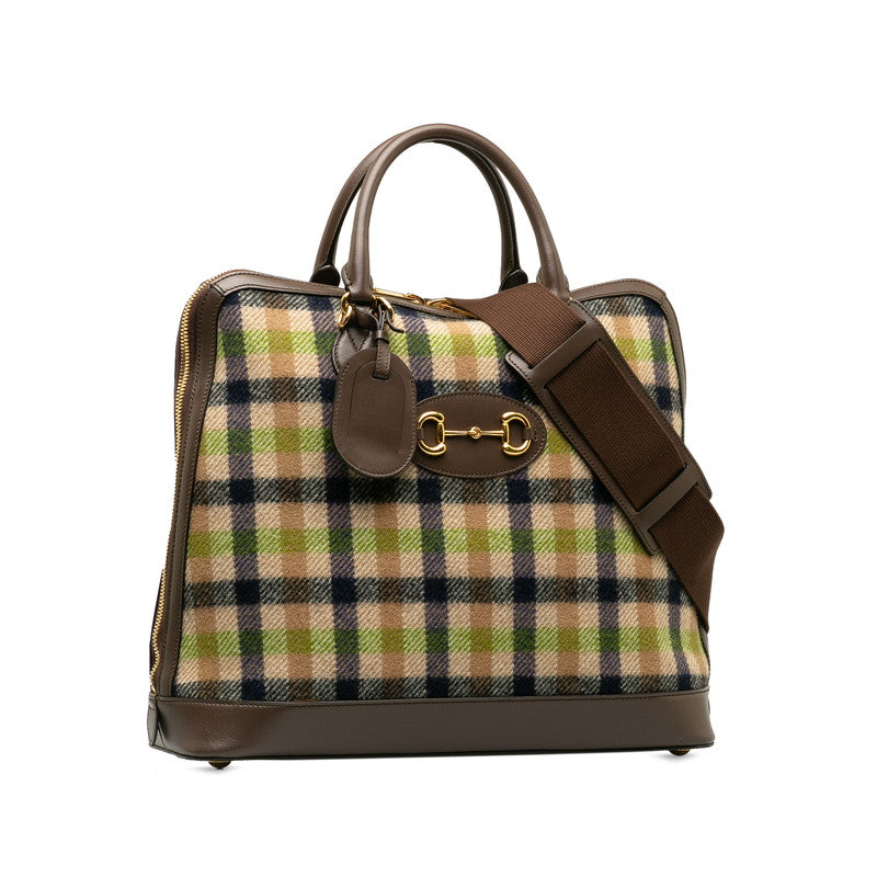 Gucci Check Horsbit Handbag Shoulder Bag 2WAY 621640 Brown Green Leather Wool  Gucci