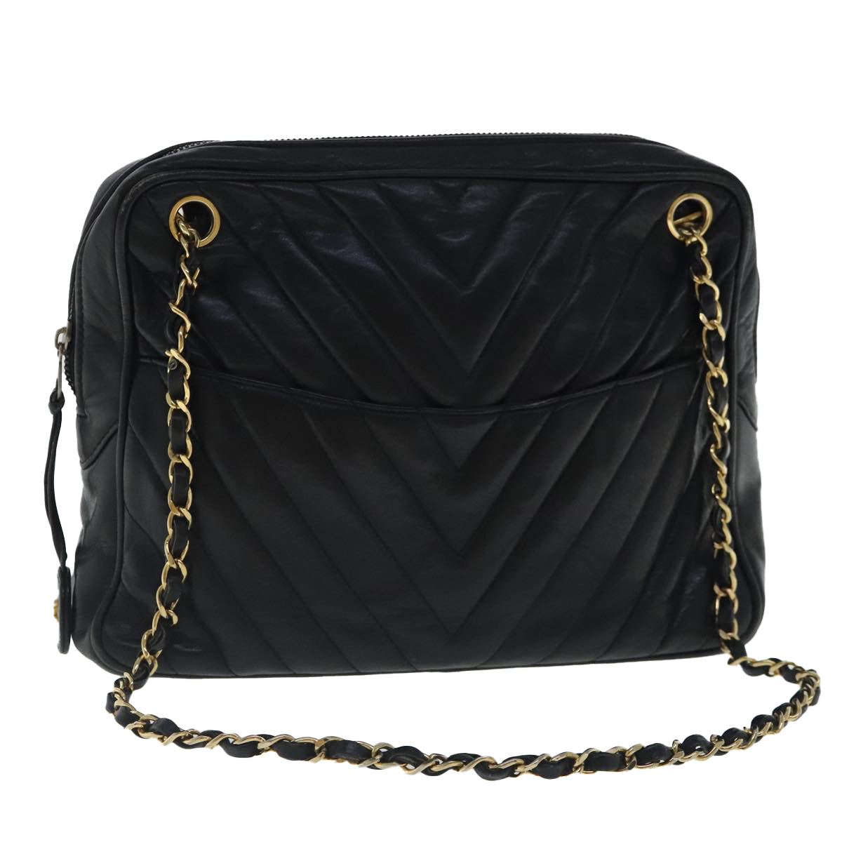 CHANEL Chain Shoulder Bag Leather Black Gold CC 94305