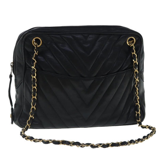CHANEL Chain Shoulder Bag Leather Black Gold CC 94305