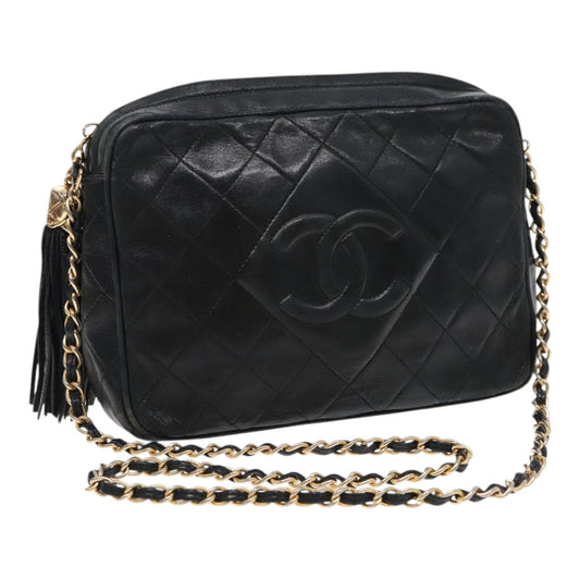 CHANEL Matelasse Fringe Chain Shoulder Bag Lamb Skin Black Gold CC 94677