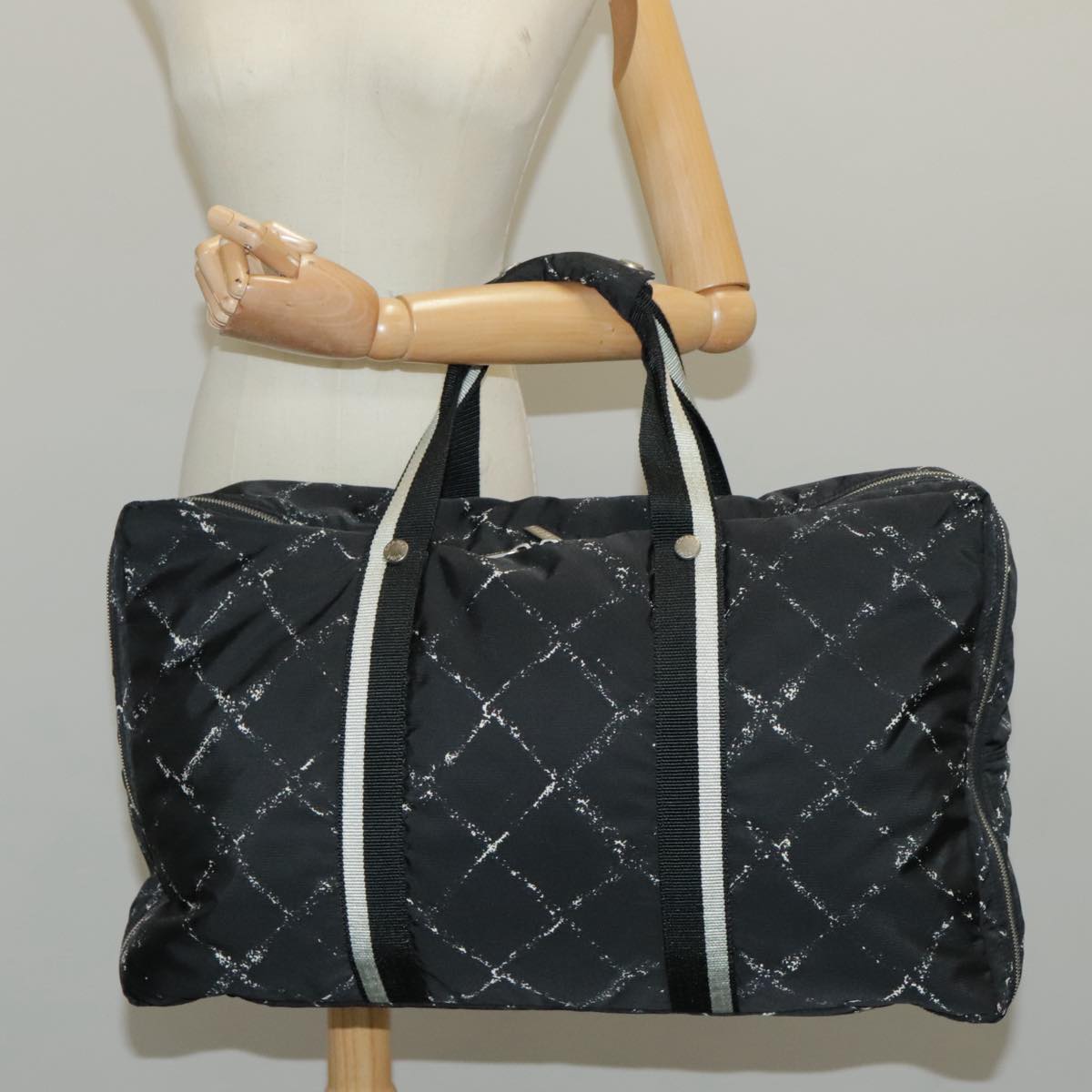 CHANEL Travel Line Boston Bag Nylon Black Silver CC 94723