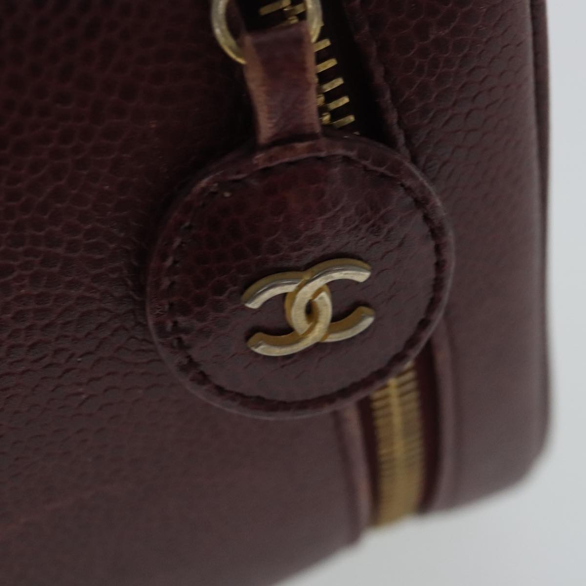 CHANEL Vanity COCO Mark Pouch Caviar Skin Wine Red Gold CC 95362