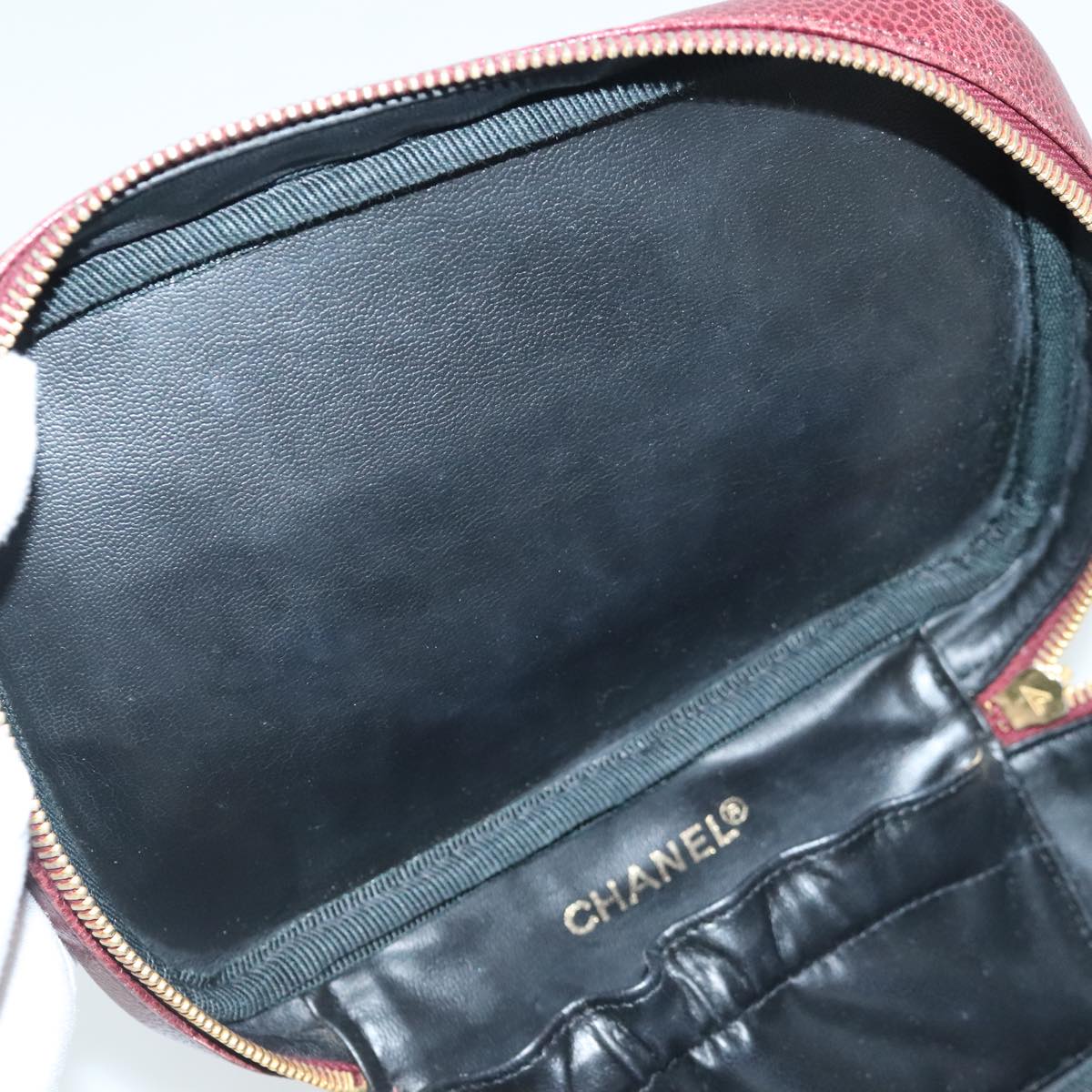 CHANEL Vanity COCO Mark Pouch Caviar Skin Wine Red Gold CC 95362