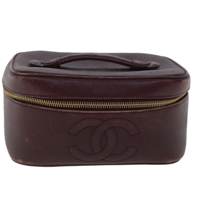 CHANEL Vanity COCO Mark Pouch Caviar Skin Wine Red Gold CC 95362