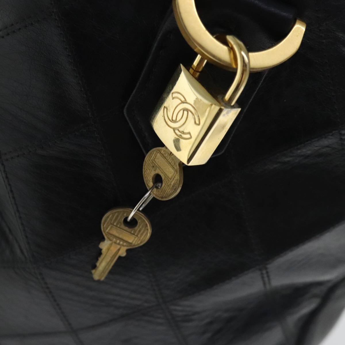 CHANEL Bicolore Boston Bag Leather Black Gold CC 95529