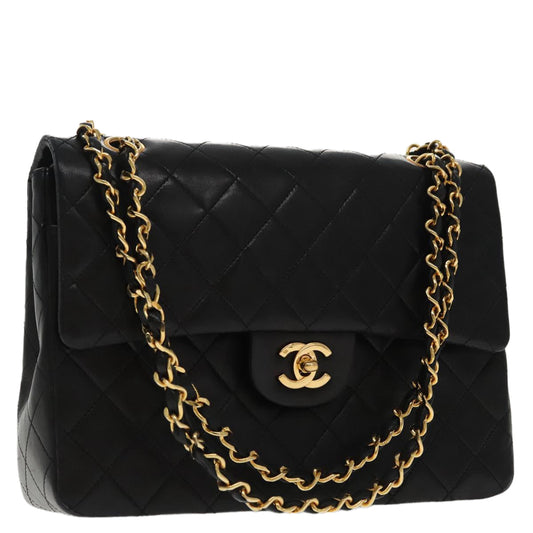 CHANEL Matelasse Chain Hand Bag Lamb Skin Black Gold CC 95715A