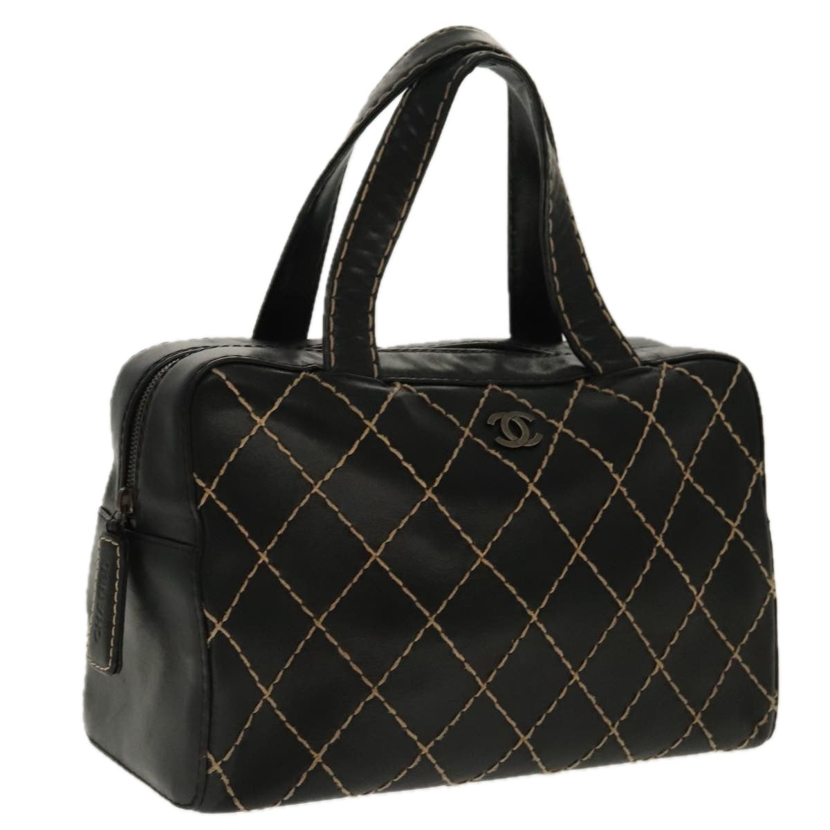 CHANEL Matelasse Wild Stitch Hand Bag Leather Black CC 95716