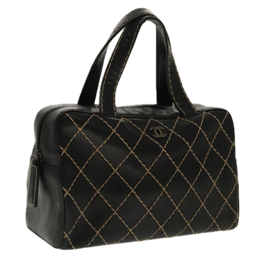 CHANEL Matelasse Wild Stitch Hand Bag Leather Black CC 95716