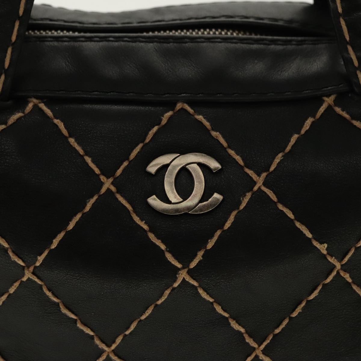 CHANEL Matelasse Wild Stitch Hand Bag Leather Black CC 95716