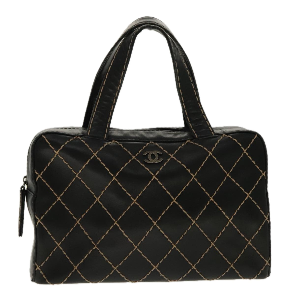 CHANEL Matelasse Wild Stitch Hand Bag Leather Black CC 95716