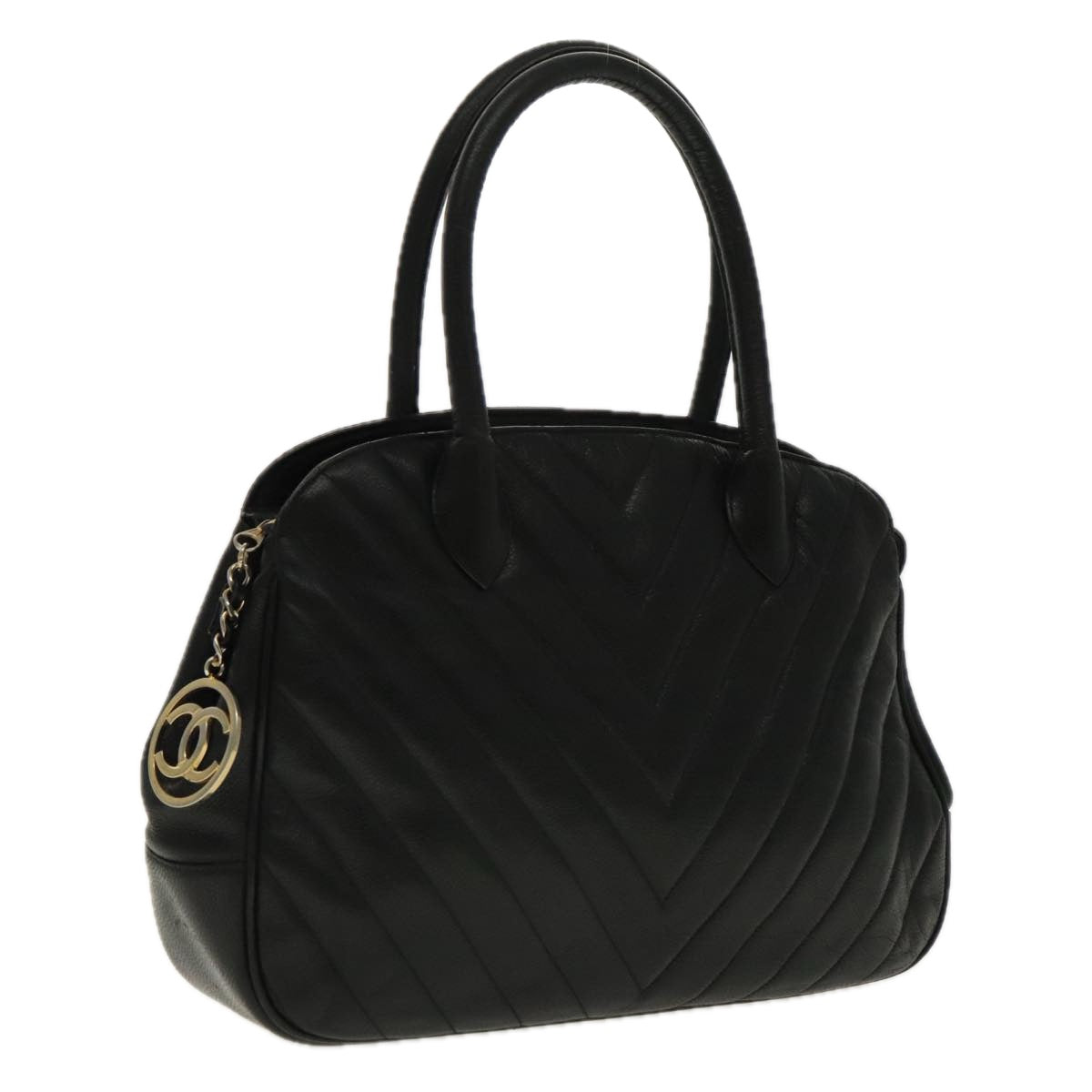 CHANEL V Stitch Hand Bag Caviar Skin Black Gold CC 95729