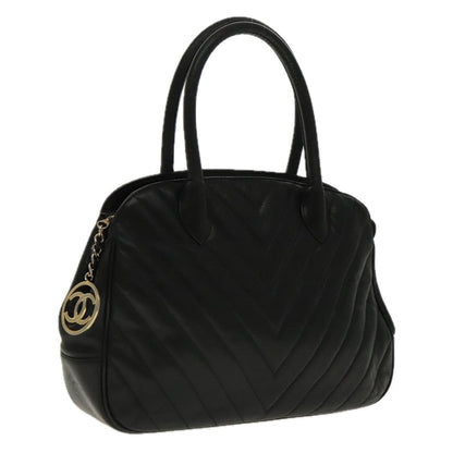 CHANEL V Stitch Hand Bag Caviar Skin Black Gold CC 95729