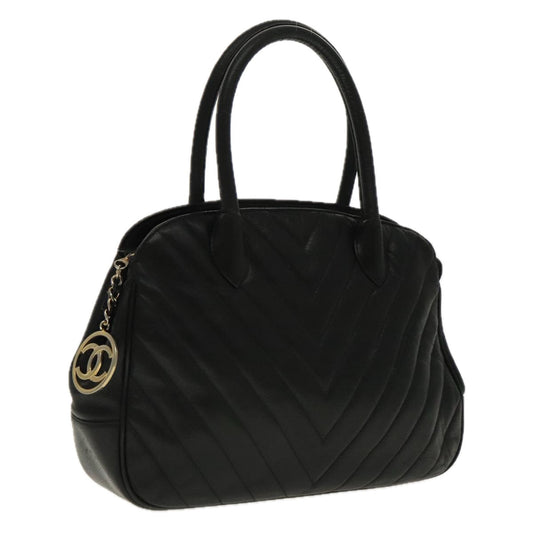 CHANEL V Stitch Hand Bag Caviar Skin Black Gold CC 95729
