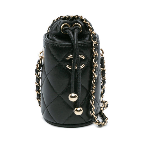 Black Chanel Micro Quilted Lambskin Drawstring Bucket Bag