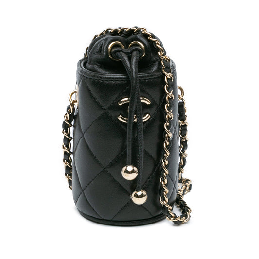 Black Chanel Micro Quilted Lambskin Drawstring Bucket Bag