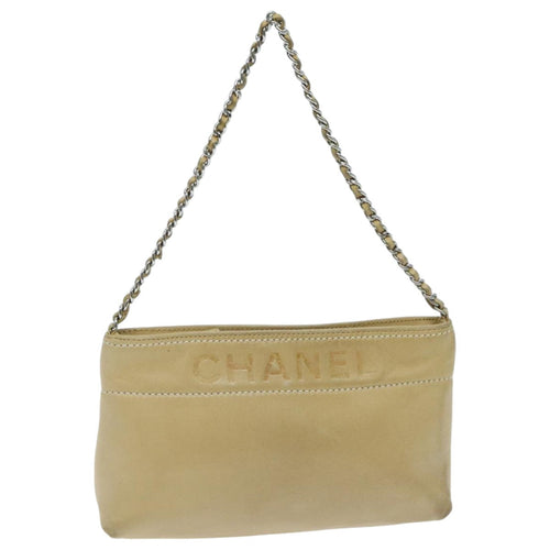 CHANEL Chain Shoulder Pouch Leather Beige Silver CC 96004