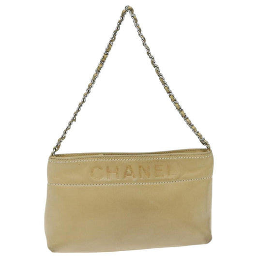 CHANEL Chain Shoulder Pouch Leather Beige Silver CC 96004