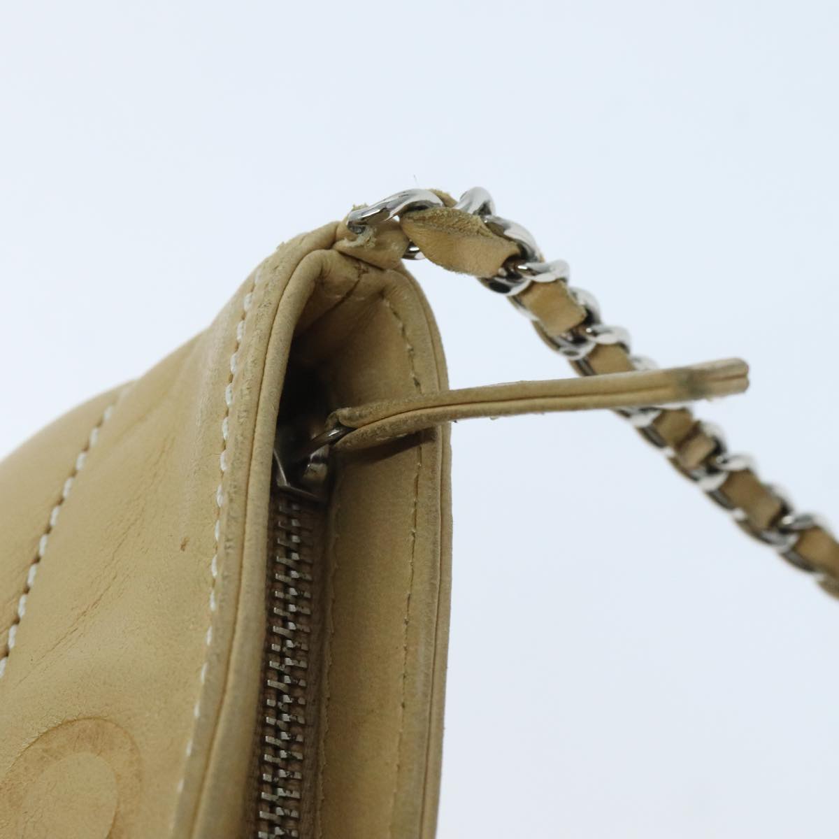 CHANEL Chain Shoulder Pouch Leather Beige Silver CC 96004