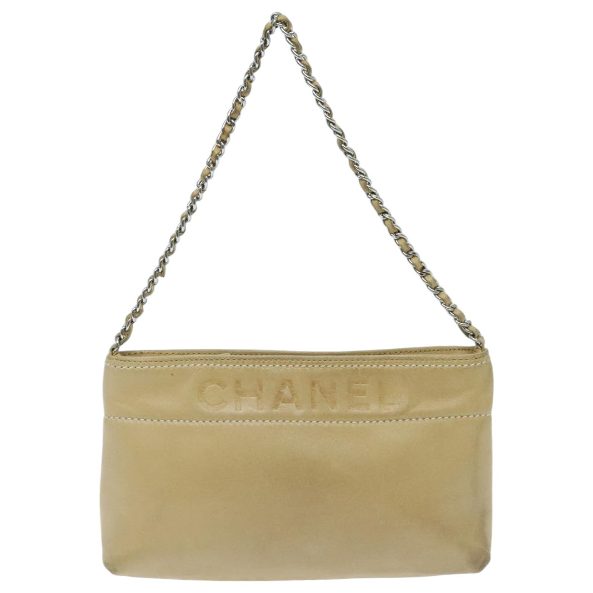 CHANEL Chain Shoulder Pouch Leather Beige Silver CC 96004