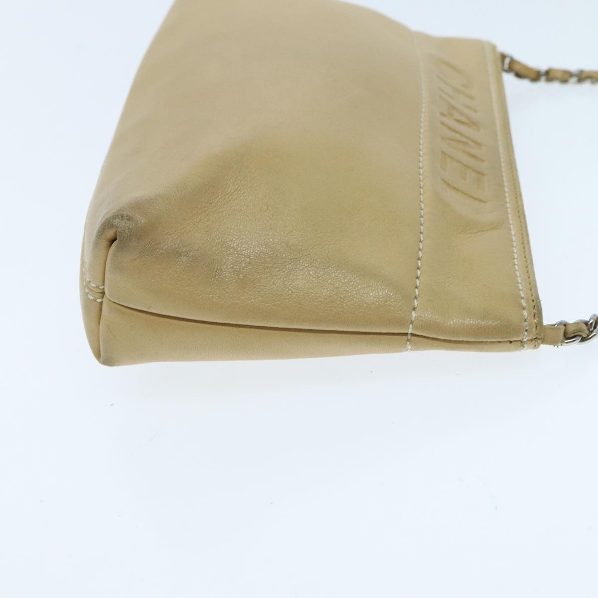 CHANEL Chain Shoulder Pouch Leather Beige Silver CC 96004