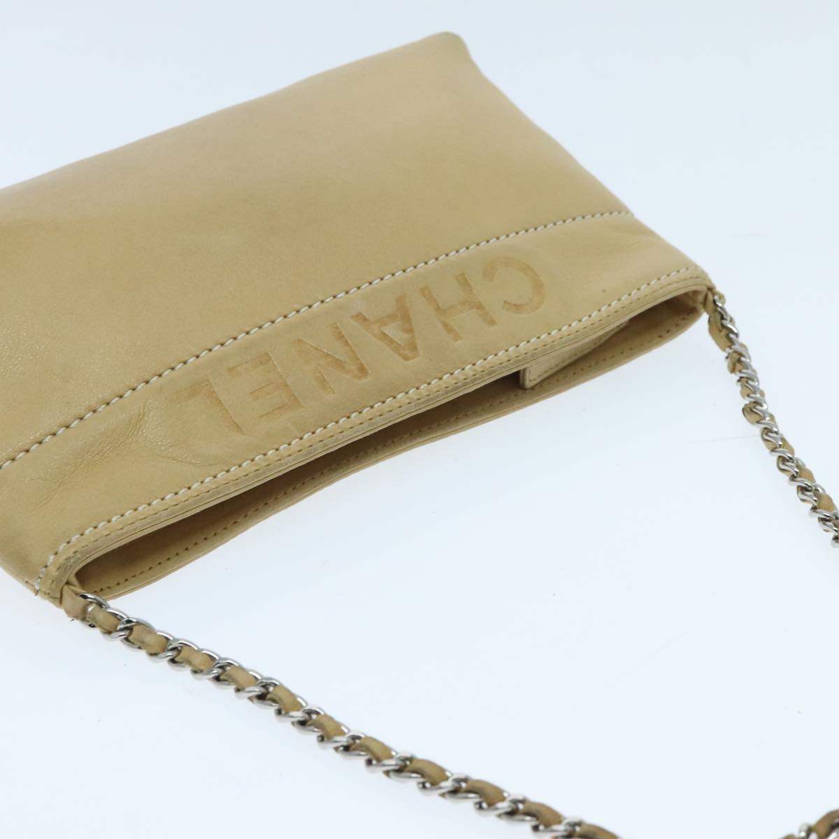 CHANEL Chain Shoulder Pouch Leather Beige Silver CC 96004