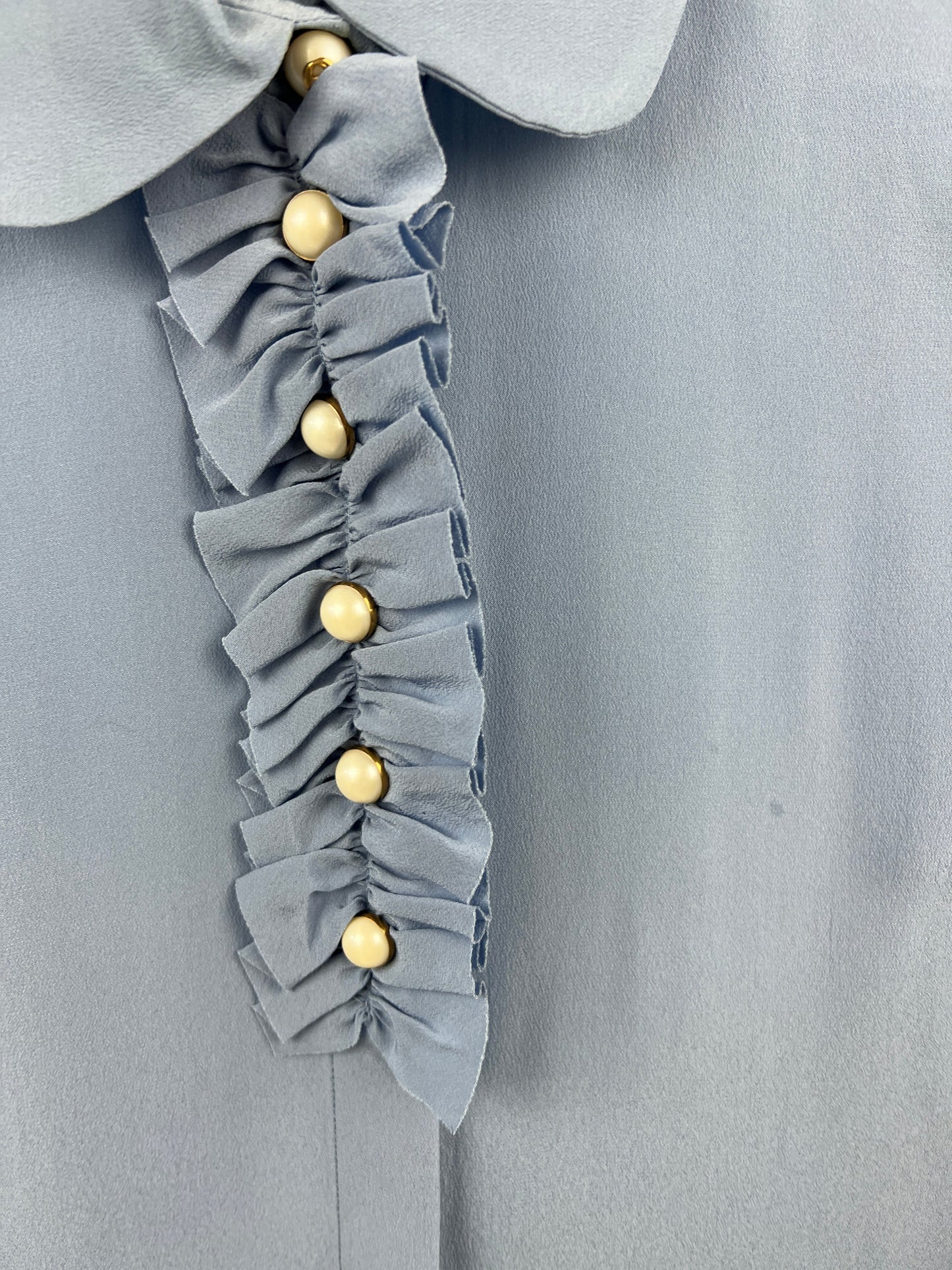 Gucci Blue Silk Ruffle Blouse with Pearl Buttons Size
