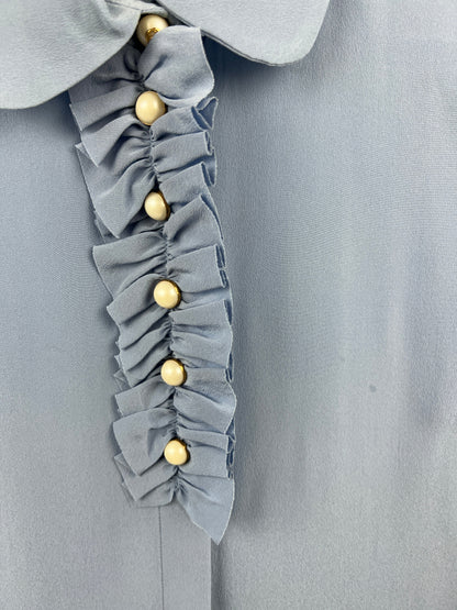 Gucci Blue Silk Ruffle Blouse with Pearl Buttons Size