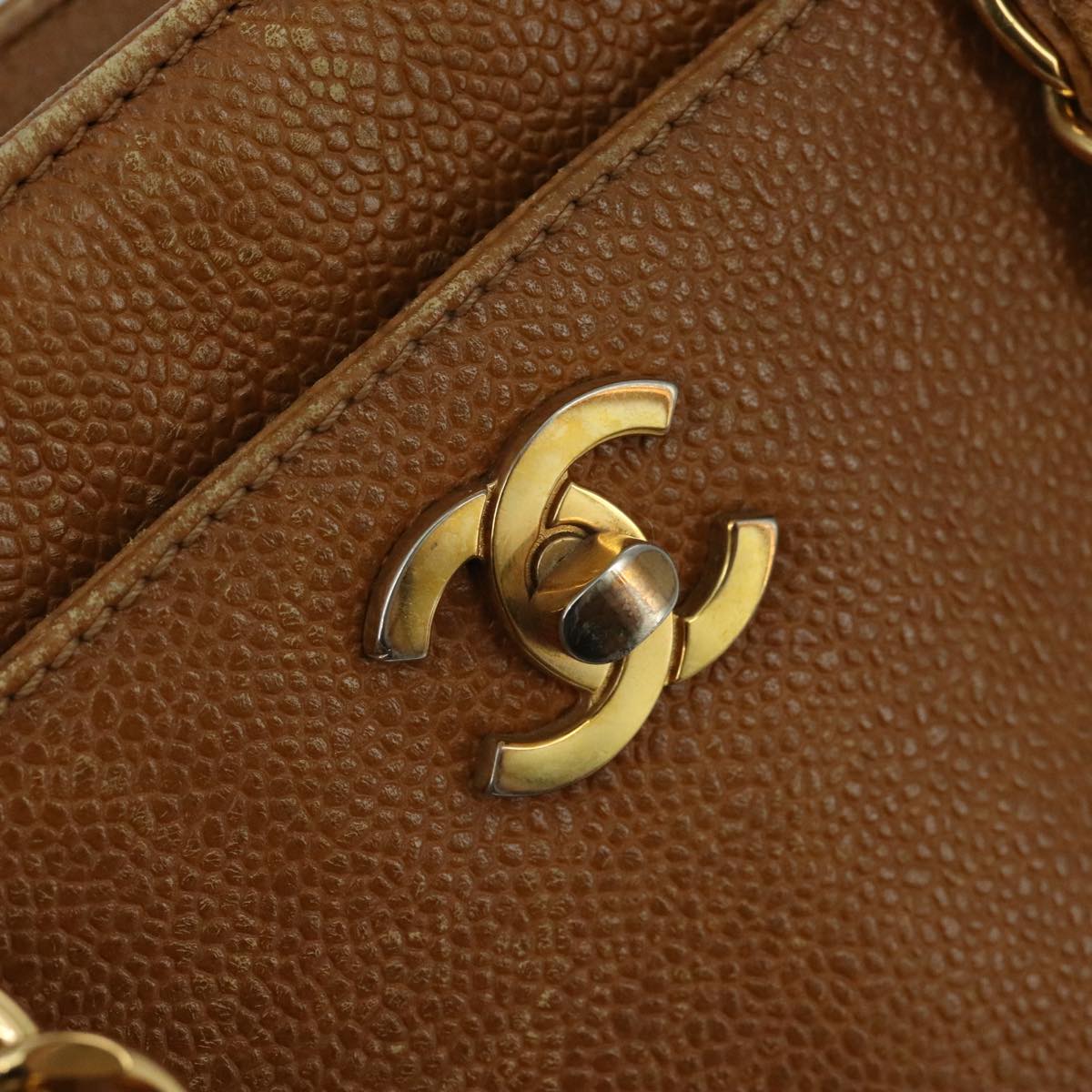 CHANEL Chain Shoulder Bag Caviar Skin Brown Gold CC 96239