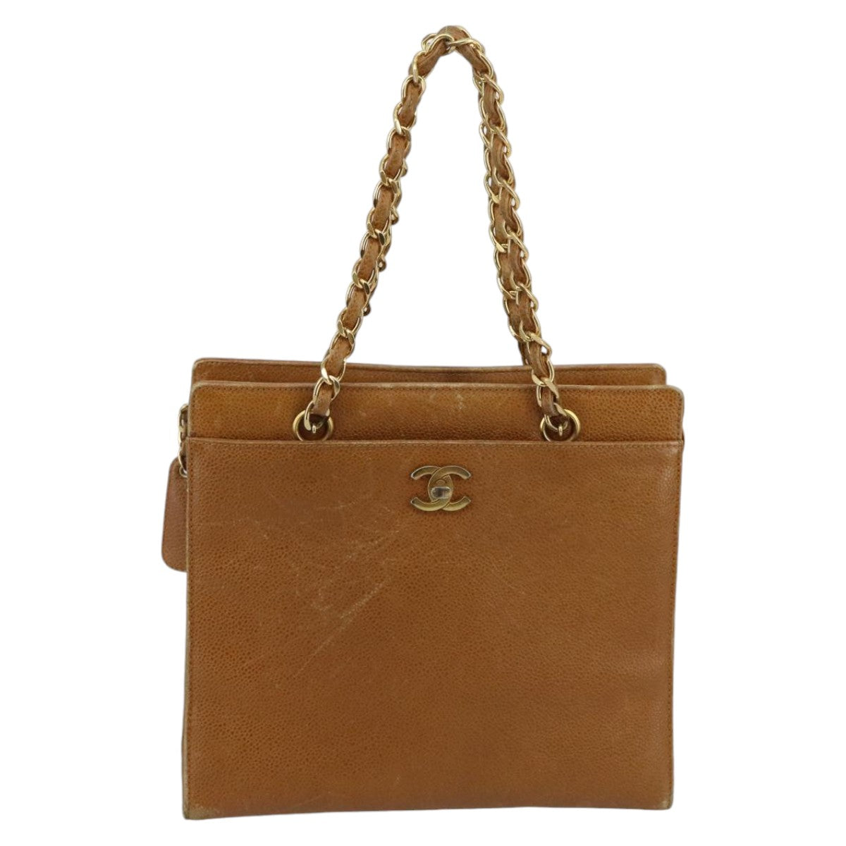 CHANEL Chain Shoulder Bag Caviar Skin Brown Gold CC 96239