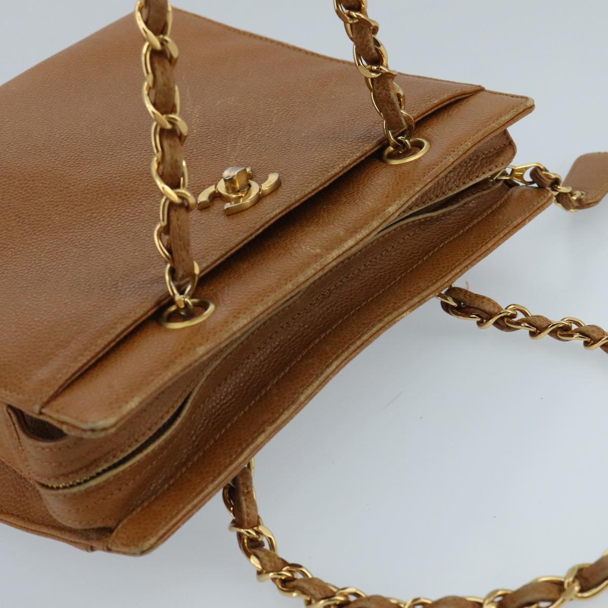 CHANEL Chain Shoulder Bag Caviar Skin Brown Gold CC 96239