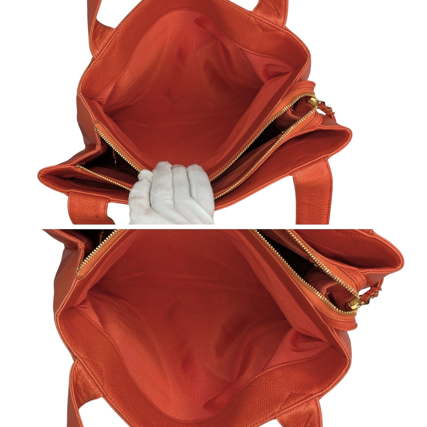 Chanel 90s Orange Caviar Embroidered Logo Shopper Tote