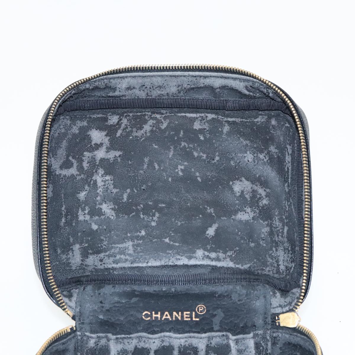 CHANEL Vanity COCO Mark Pouch Caviar Skin Black Gold CC 96508