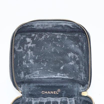 CHANEL Vanity COCO Mark Pouch Caviar Skin Black Gold CC 96508