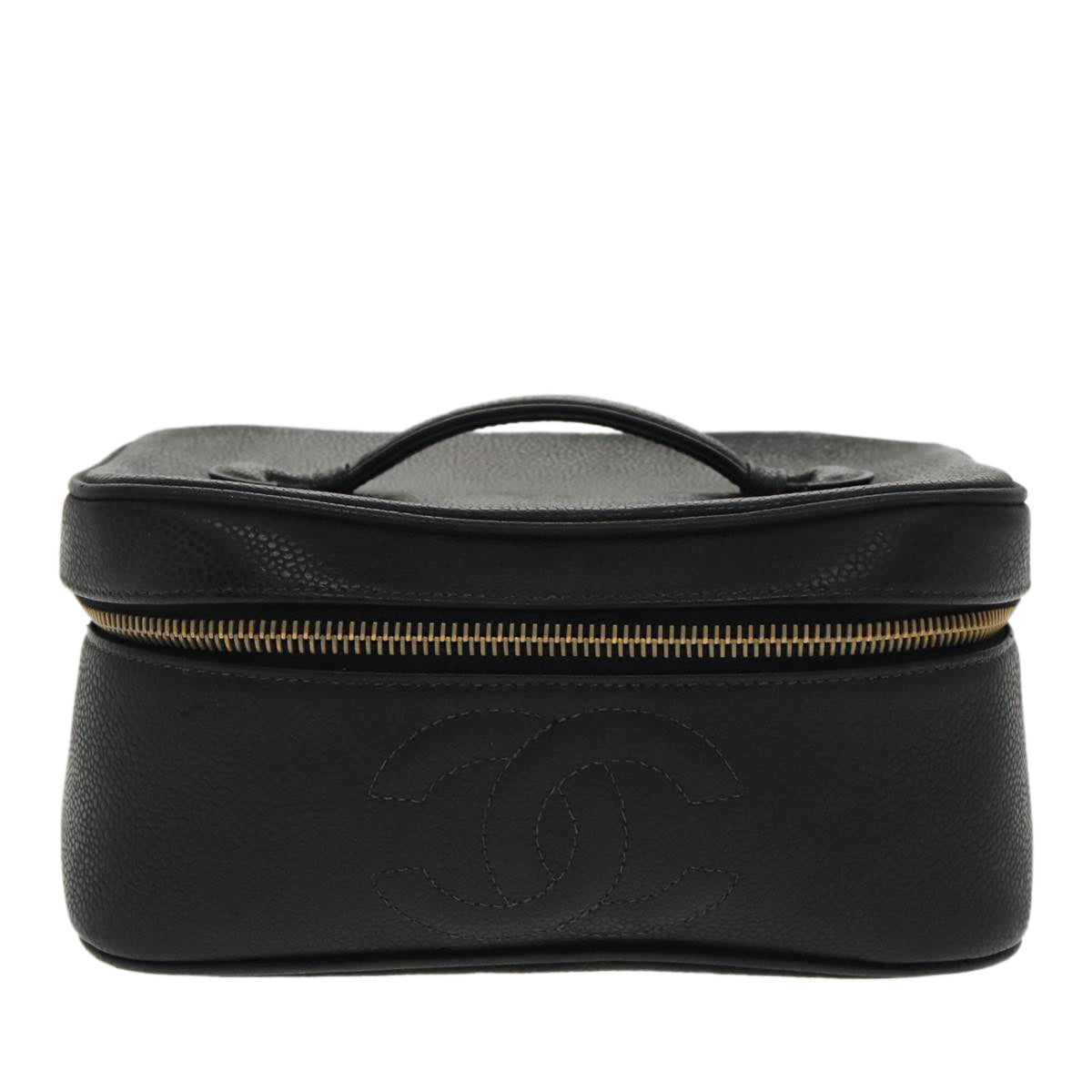 CHANEL Vanity COCO Mark Pouch Caviar Skin Black Gold CC 96508