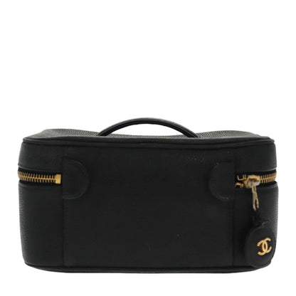 CHANEL Vanity COCO Mark Pouch Caviar Skin Black Gold CC 96508
