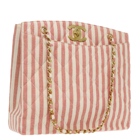 CHANEL Matelasse Chain Shoulder Bag Canvas Gold Pink CC 96691S