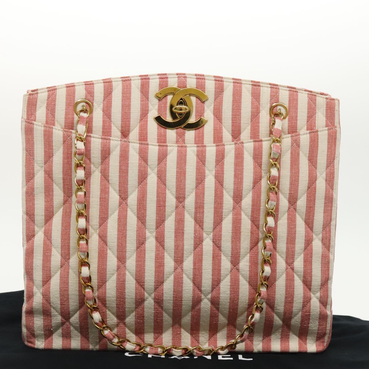 CHANEL Matelasse Chain Shoulder Bag Canvas Gold Pink CC 96691S