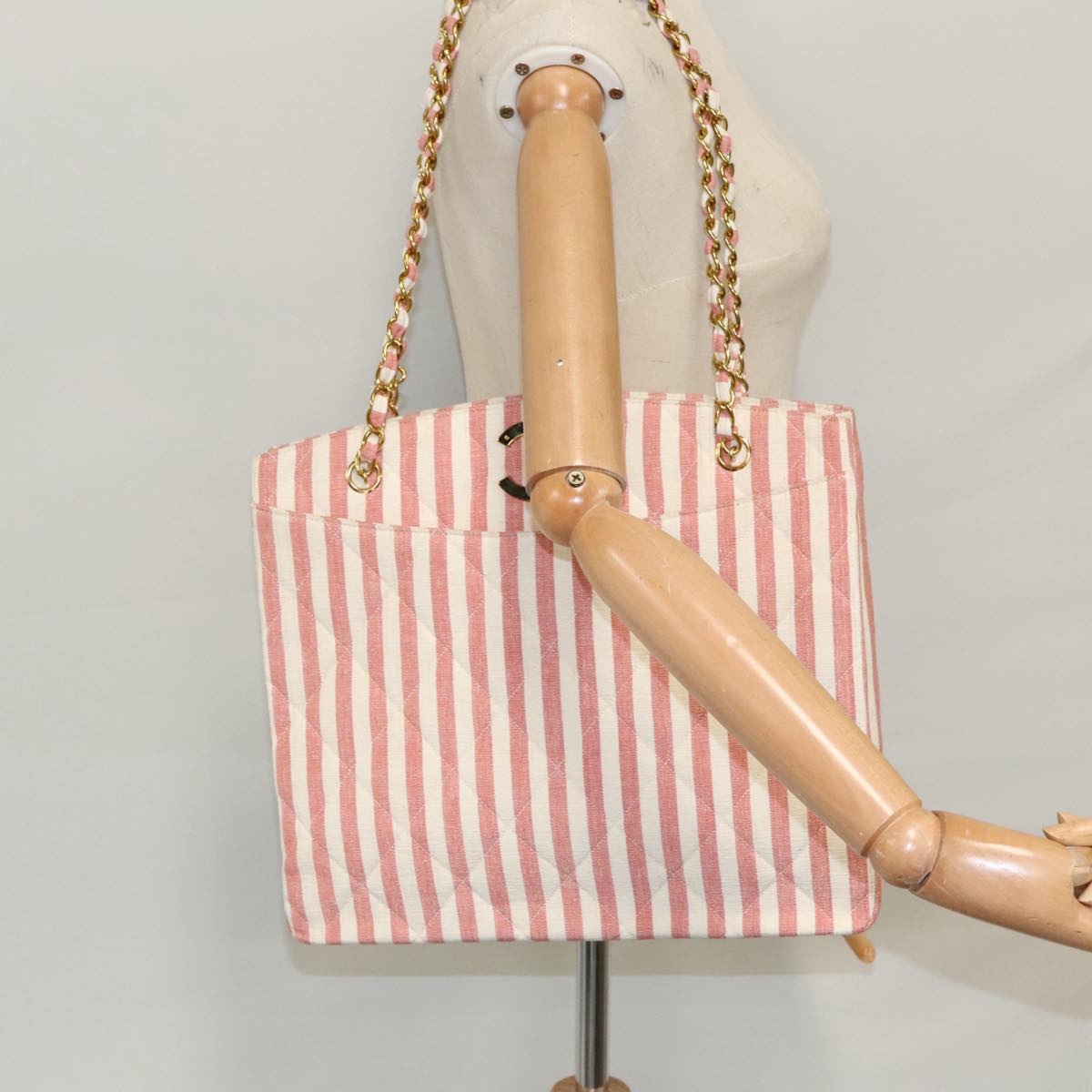 CHANEL Matelasse Chain Shoulder Bag Canvas Gold Pink CC 96691S