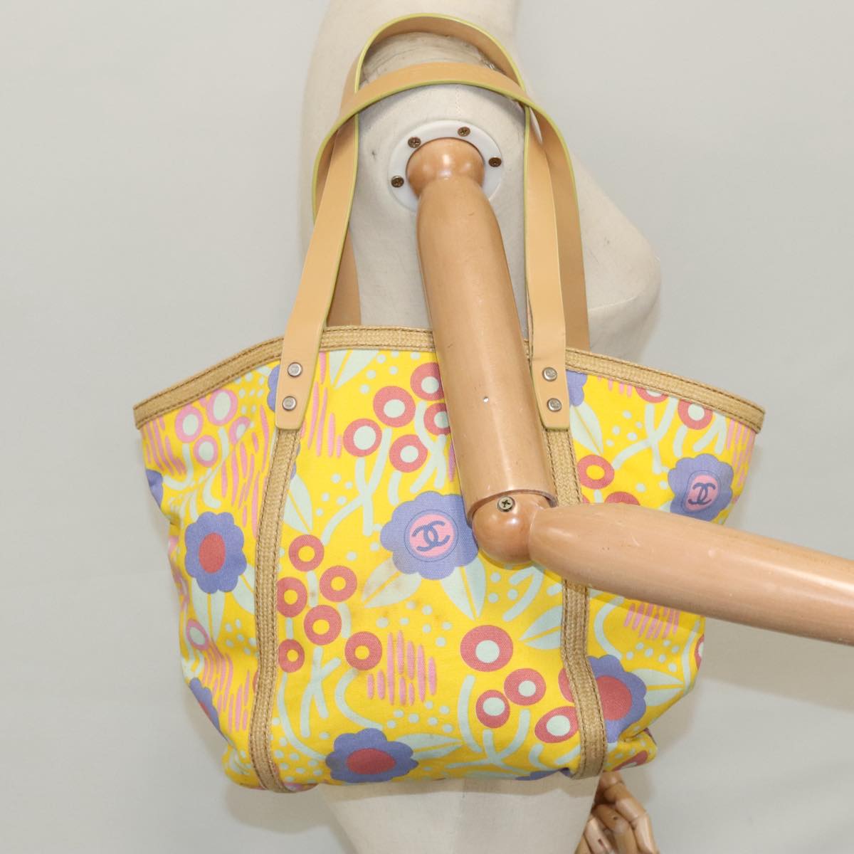 CHANEL High Summer Tote Bag Canvas Silver Yellow CC 96692