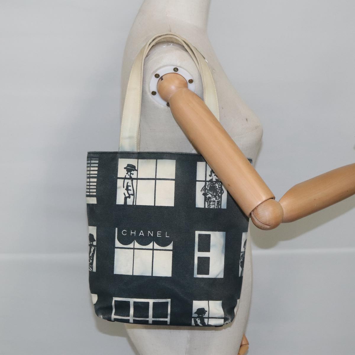 CHANEL Windows Tote Bag Canvas Gold Black CC 97017