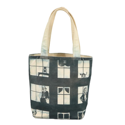 CHANEL Windows Tote Bag Canvas Gold Black CC 97017